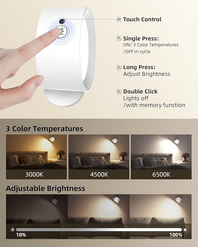 LED Wall Mounted Lights, Rechargeable Wall Sconces with Remote & Touch Control, 3 Color Temperatures 360° Rotation Dimmable Cordless Wall Light for Bedroom Study Reading Bedside (White, 3 Pack)