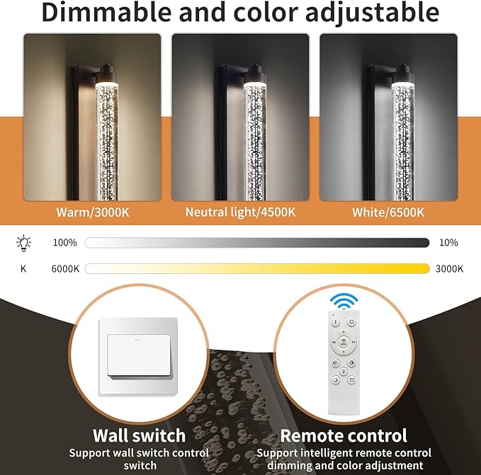 Black Outdoor Wall Sconce, 23.6inch Bubble Crystal Modern Wall Mounted Lights, 3000K-6500K Dimmable Waterproof LED Exterior Lamp Lighting for Porch, Garage, Patio, Living Room, Indoor