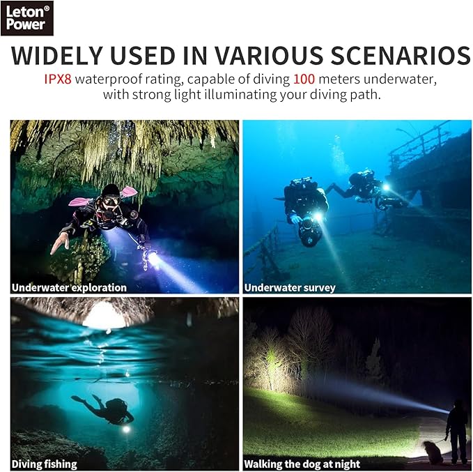 14S 2000 Lumens Underwater Flashlight with Hook and Loop Straps - 6 Modes Super Bright Diving Torch, USB-C Rechargeable, IP68 328FT for Dive Light Scuba Diving, Night Diving & Snorkeling