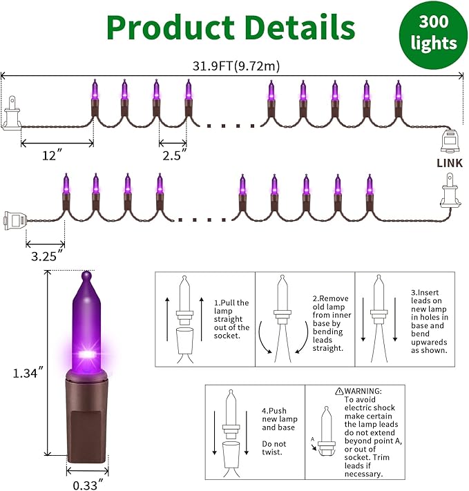 LAMPHOME Purple Christmas String Lights, 300 Mini Fairy Lights 63.8ft(2pk of 150L) Set, Brown Wire Halloween Holiday Décor for Home, Christmas Tree, Bedroom, Patio, Wedding