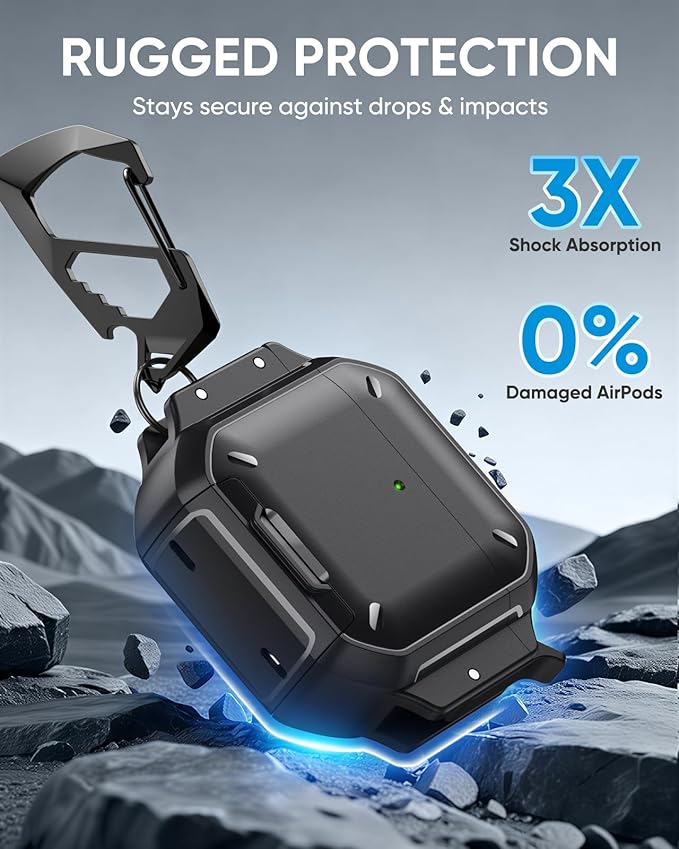 MoKo for AirPods 4th Case with Lock - IP68 Waterproof & Military-Grade Protection, Drop-Proof Hard Shell Protective Earpods 4 Cover with Keychain, Cleaner Kit & Phone Stand, Black