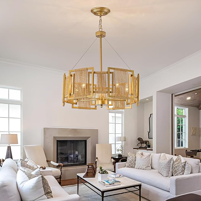 4-Light Boho Rattan Chandelier Light Fixture,Large Hand Woven Gold Pendant Light Fixture Farmhouse Rustic Hanging Light for Kitchen，Bedroom, Dining Room, Living Room, Hallway, Foyer