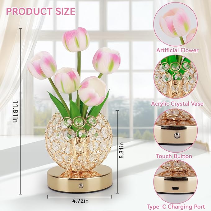 Tulip Flower Lamps, 3 Colors Touch Stepless Dimming Crystal Night Light, Rechargeable Artificial Flower Light, LED Flower with Vase Lamp Romantic Decor for Date Party Home (Tulip1 - Pink)