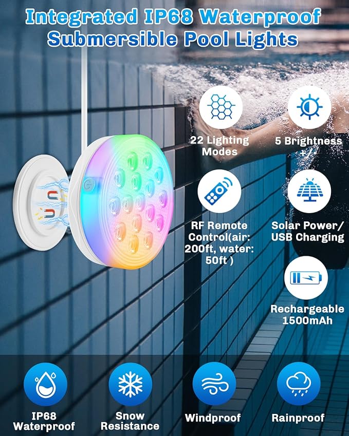 Pool Lights, Upgraded Solar Submersible LED Lights with Remote, 4.55 Inch USB Rechargeable IP68 Waterproof Underwater Light RGB 22 Colors Changing Solar Pool Light with Magnet for Hot Tubs 1 PACK
