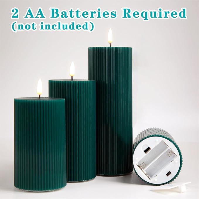 Green Ribbed Flameless Pillar Candles with Remote, Flat Top Flickering LED Wax Battery Candles Set of 4, Φ 3" H 4" 5" 6" 8"