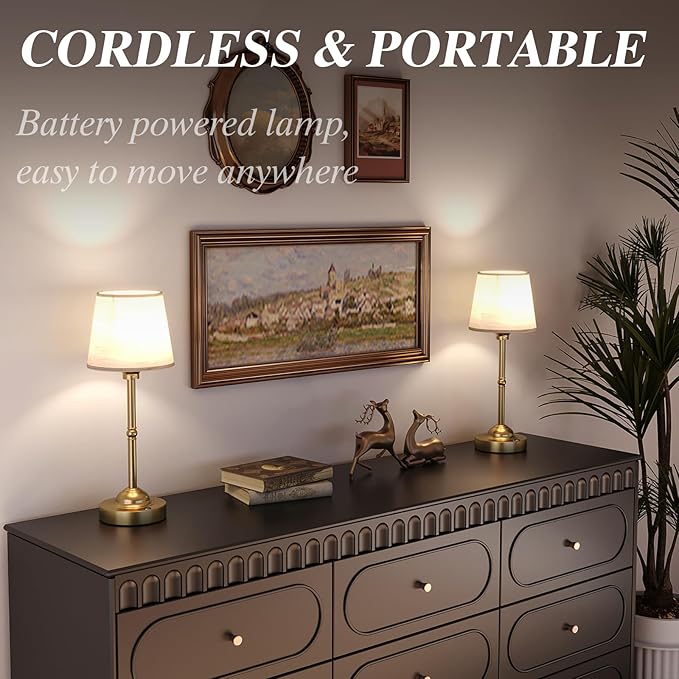 2 Pack Cordless Table Lamps, 3 Colors Stepless Dimming Fabric Desk Lamp, 6000mAh Rechargeable Battery LED Desk Lamp, Touch Night Light for Bedroom, Dining, Desk, Cafe