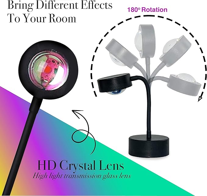 High Speed Sunset Lamp Projector – LED Lights Projector in Sunset, Red Sunset and Rainbow – Adjustable Sunset Projection Lamp with Integrated LED Chip – Professional and Amateur Photoshoots (Rainbow)