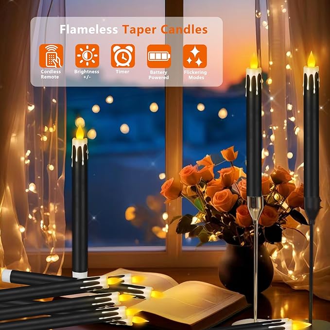 Flameless Taper Candles 10.6" Dripless Battery Operated Taper Candles Included Remote Timer 400+ Hours by 2AA Batteries for Halloween Christmas Wedding (Black+White, 24 Pack)
