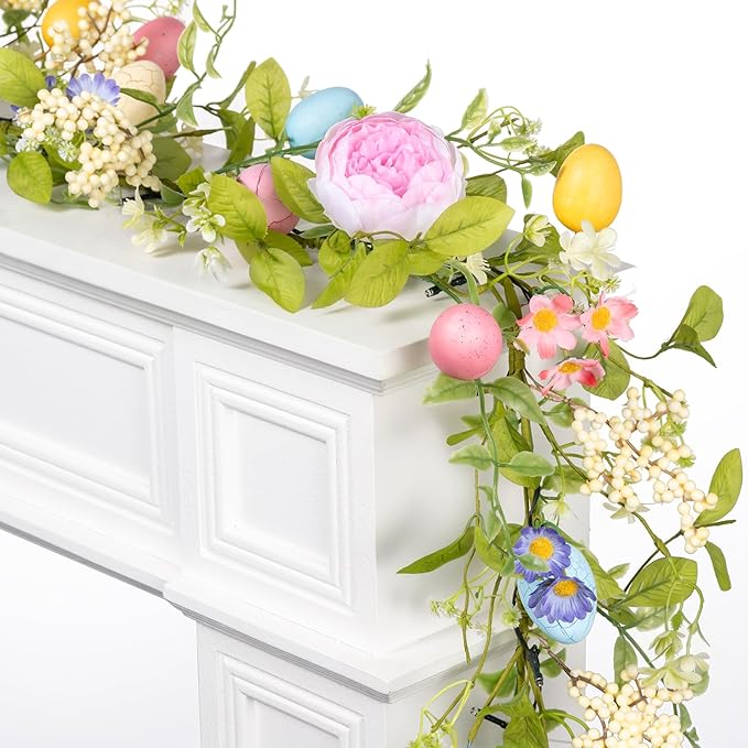 6FT Prelit Easter Garland with 20 LED Lights, Lighted Artificial Easter Egg Garland for Mantle, Battery Operated with 8 Mode Timer – Peony & Berry Accents