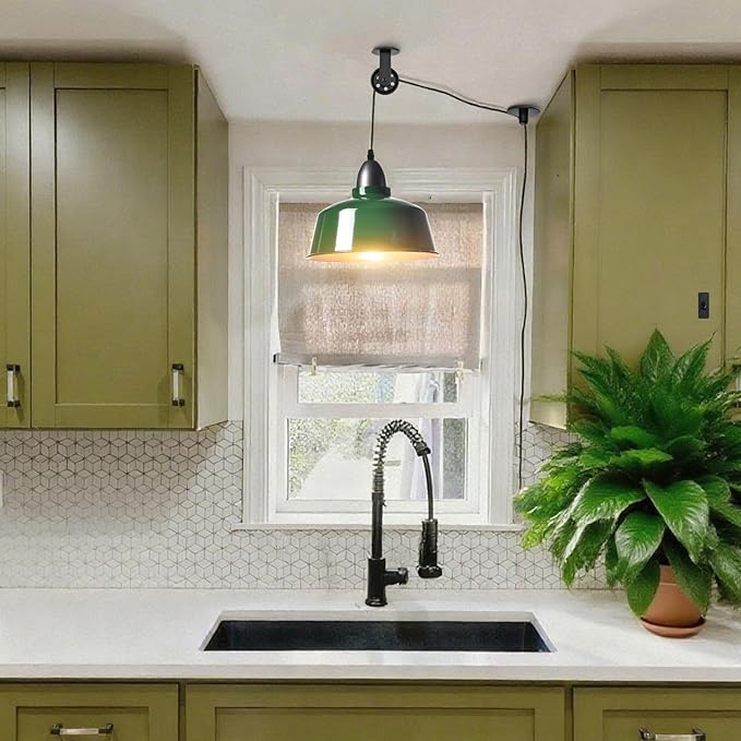 Plug in Pendant Light, Green Farmhouse Hanging Lights with Plug in Cord, Pulley Hanging Lamp, Industrial Pendant Lights Fixture for Kitchen Island, Bedroom, Dining Room, Living Room, Office