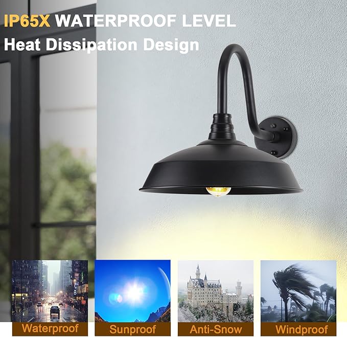 Outdoor Barn Lights with Dusk to Dawn Sensor for Porch, 16in Exterior Light Fixture with Wall Mount, Black Industrial Outdoor Wall Sconces Outside for Barn, Garage, Patio, 2 Pack
