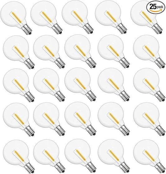 G40 LED Replacement Light Bulbs, 1W LED Plastic Clear Globe Bulb fits E12 C7 Candelabra Screw Base Sockets, Edison Light Bulbs for Indoor Outdoor Patio Decor, Warm White (25 Pack)