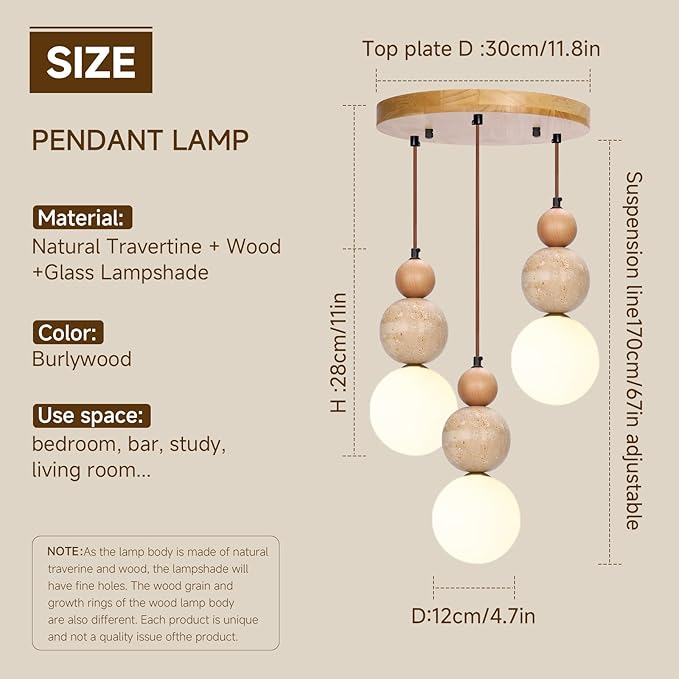 Wabi Sabi Pendant Light,3-Light Travertine Stone Fixture-Japandi Japanese Style Lamp,Nordic Wood Chandelier,Spherical Scandinavian Pendant Light Suits Kitchen Islands,Dining & Living Rooms(Log Color)