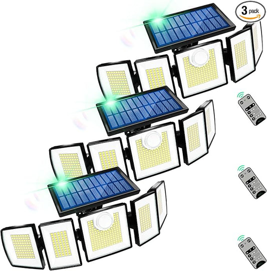 Solar Lights Outdoor Waterproof Motion Sensor - 416 LEDs 3000 Lumens Super Bright 3 Brightness 3 Modes 2400mAh 360° Illumination 32ft Solar Flood Security Light for Outside (‎With Remote Control, 3)
