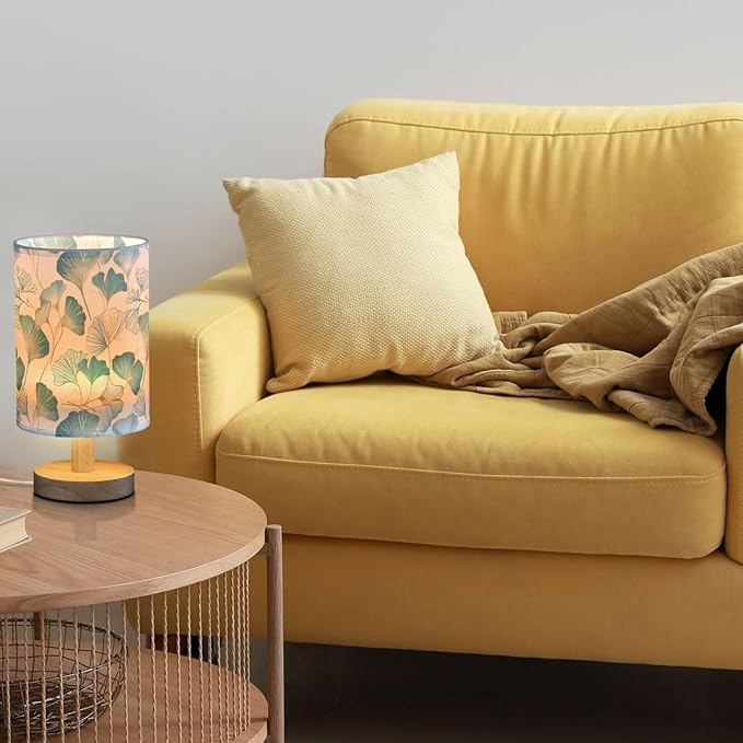 Fustylead Gold Teal Ginkgo Leaves Table Lamp for Bedroom USB Port Lamps Small Accent Table Lamp Nightstand Lamp Study Linen Shade with Wooden Base, Decorative Lamps for Bedside Reading|Kids|Dorm|Home