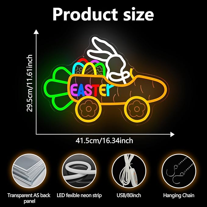 Easter Neon Sign Dimmable Easter Bunny Neon Light for Wall Decor Carrot Cart Light Up Sign LED Bunny Driving a Carrot Cart for Party Decoration