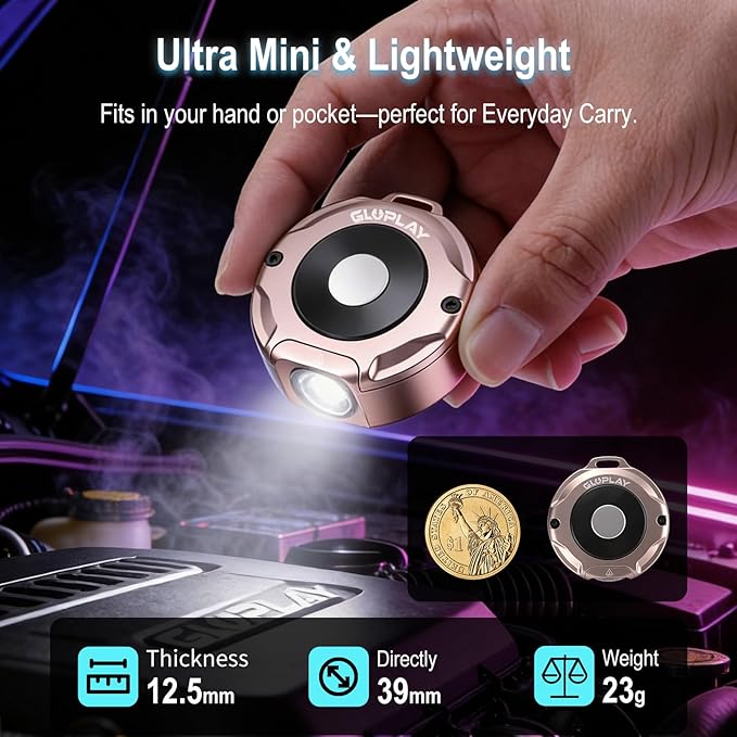 G1 Mini Keychain Flashlight Rechargeable,Small Powerful EDC Pocket Flashlight with White & RGB Side Light,Magnetic,Carabiner Clip,IP67 Waterproof Aluminum LED for Camping & Hiking(Rose Gold)
