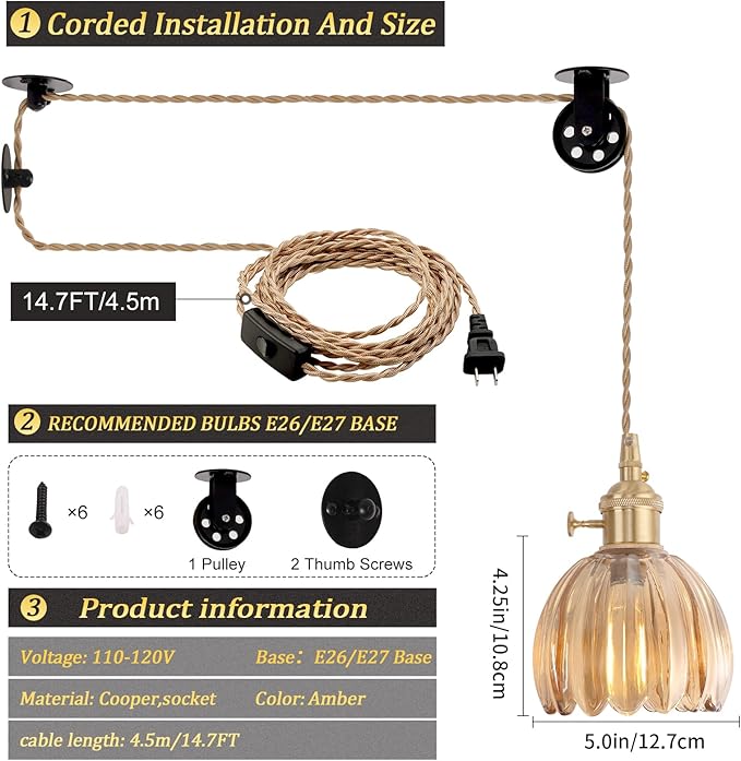Mini Plug in Pendant Light Hanging Light Fixture Corded On/Off Switch Brass Pendant Light with Amber Tulip Glass Lampshade for Bedroom Living Room Kitchen Island