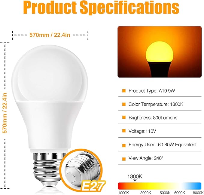 Neporal Amber Light Bulbs 9W, Soft Warm Sleep Light Bulbs 60W Equivalent, Blue Light Blocking Amber Night Light 1800K, Bedtime Light Bulb for Healthy Sleep,1Pack