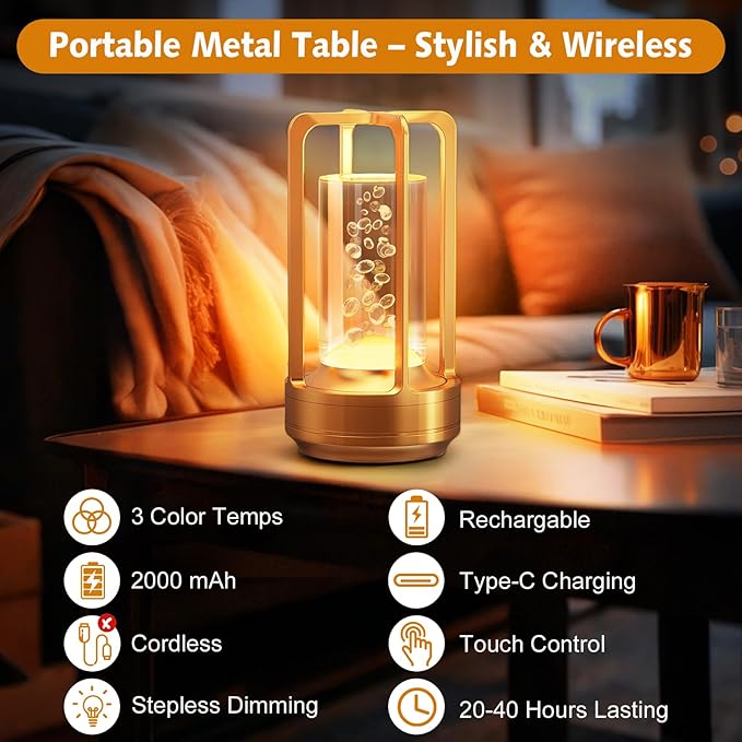 Portable Table Lamp for Outdoor Indoor: Cordless Rechargeable Desk Lamp with 3 Color Stepless Dimmable - Metal Battery Operated Lantern Light for Bedroom/Bar/Coffee Shop/Camping (Gold (Bubble))