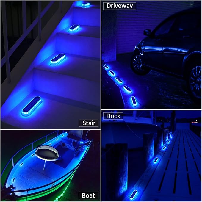 YiLaie Blue Solar Dock Deck Lights Solar Powered Outdoor Waterproof, Stick on Lights for Step Stairs Driveway (4 Pack)