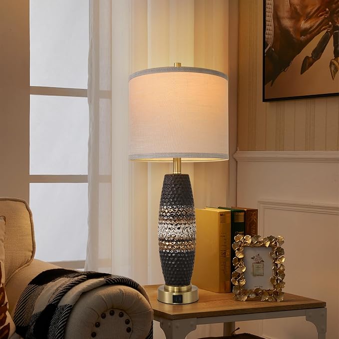 Terpsichore 3 Way Dimmable Farmhouse Table Lamps Bedroom Touch Bedside Lamp Modern Glazed Ceramic Lamp 2 Set with Fabric Shade,USB Type-C Port for Bedroom,Reading,Desk,Living Room,Office