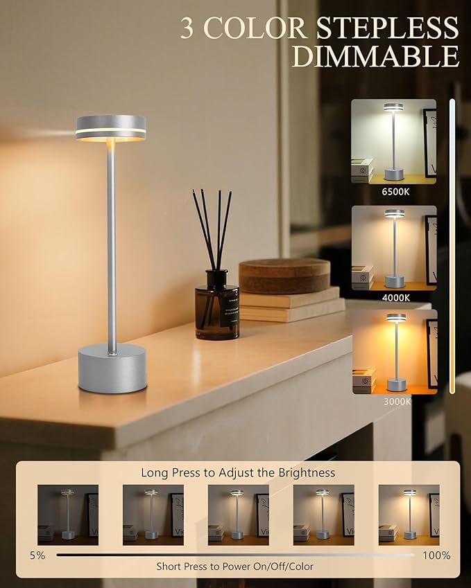 2 Pack LED Cordless Table Lamp Rechargeable, 5000mAh Portable Battery Operated LED Desk Lamp, 3 Color Dimmable Table Light for Reading/Home Office/Dining/Nightstand for Home Décor – Silver