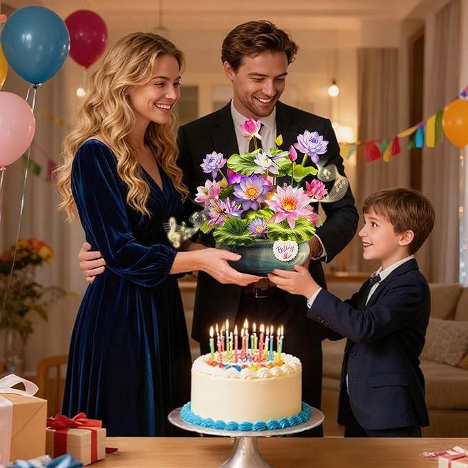 Birthday Cards with MUSIC & LIGHTS, Pop Up Happy Birthday Card, Water Lily & Dragonfly, 10 Inch Life Sized Forever Flower Bouquet Gifts for Women Mom Grandma