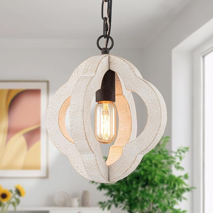 9.84" Modern Farmhouse Wood Pendant Lights Kitchen Island Orb Distressed White Oak Pendant Light Rustic Ceiling Hanging Light for Kitchen Sink Dining Room Hallway Entryway Foyer Adjustable Chain E26