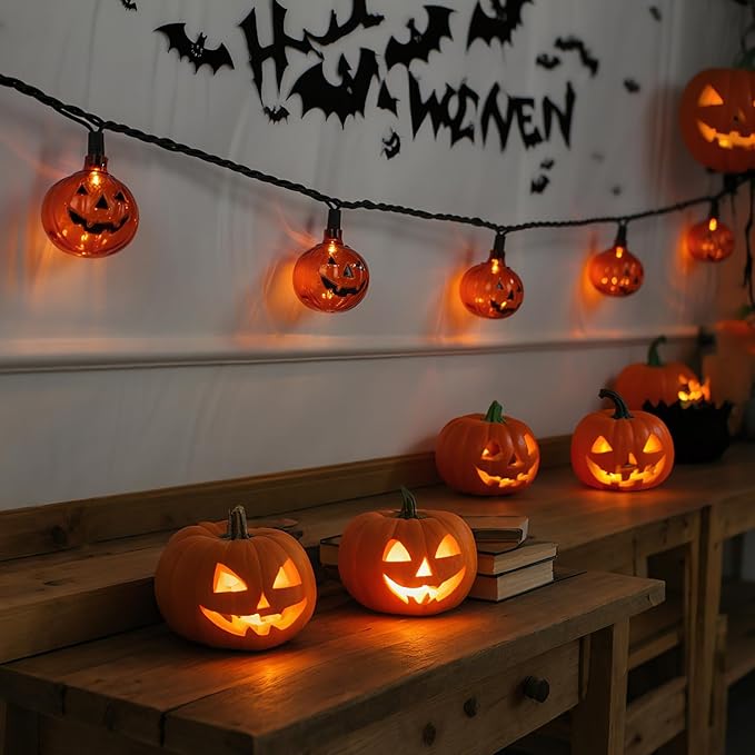 8.5Ft LED Halloween Lights Pumpkin String Lights with 10 Smiling Jack O Lantern Pumpkin Lights, Clear Orange Jack O Lantern for Home Party Yard Porch Indoor Outdoor Decor Halloween Decorations