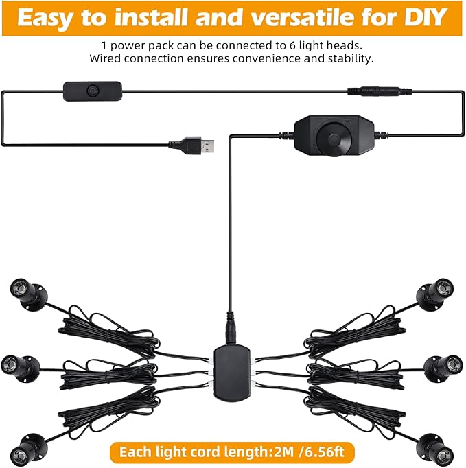 YaeCCC Dimmable Mini LED Spotlight, 6-Pack Daylight 6400K, USB Powered Accent Lighting for Plants, Jewelry Showcase, Model Display Shelves