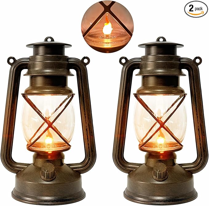 2 Pack LED Vintage Lantern Battery Powered Lanterns with Flame Wick Waterproof Camping Lamp Vintage LED Flame Lamp Hanging Lantern Lights Landscape Patio Garden Pathway Decor for Indoor/Outdoor Use