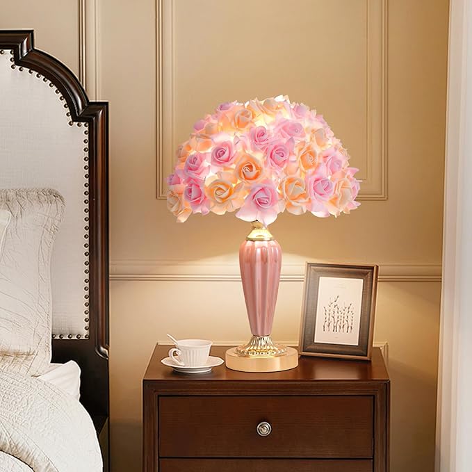 Pink Flowers Lamp Fabric Flower Bedside Lamp Romantic Rose Bouquet Table Lamp for Wedding Decor Girl Bedroom Valentines Dating Living Room Hotel Office