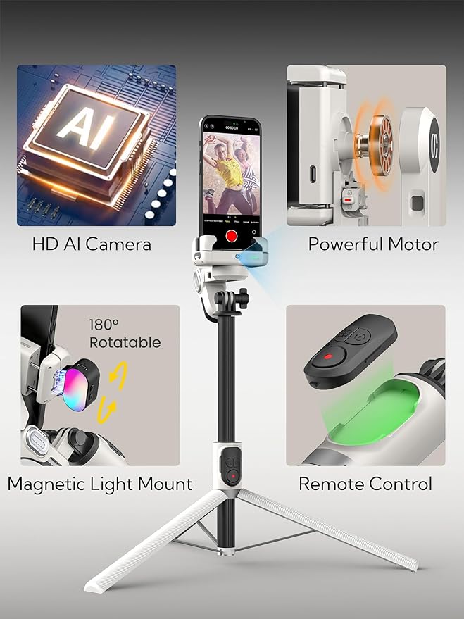 AOCHUAN Auto Face Tracking Tripod 360 Rotation w/Stand for iPhone Android,Selfie Stick Phone Stand 360 Rotating for Video Recording,Phone Holder Follow You w/Remote,RGB Light for TikTok(M2Pro White)