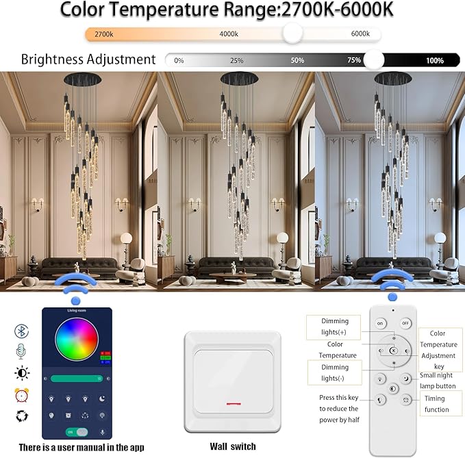 Flashing God Black 20 Lights High Ceiling Chandelier Modern Dimmable Light Fixtures Foyer Chandeliers Pendant Lighting Crystal Ceiling Chandelier Fixtures for Villa Staircase Hallway 11.5feet Long