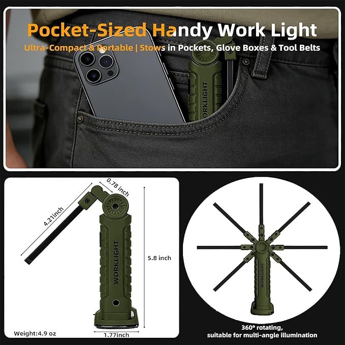 LED Work Light Rechargeable Flashlight, Easter Gifts for Men Him Husband Mechanic Torch Grill Light Inspection Lamp Magnetic Base 5 Modes 360° Rotate Car Emergency Repair 2PCS Green