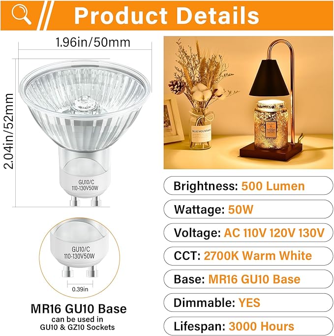 Candle Warmer Light Bulbs Accessories, 4Pcs 50 Watt Wax Warmer Bulbs for Full Size Adjustable Temperature Candle Warmer Lamp