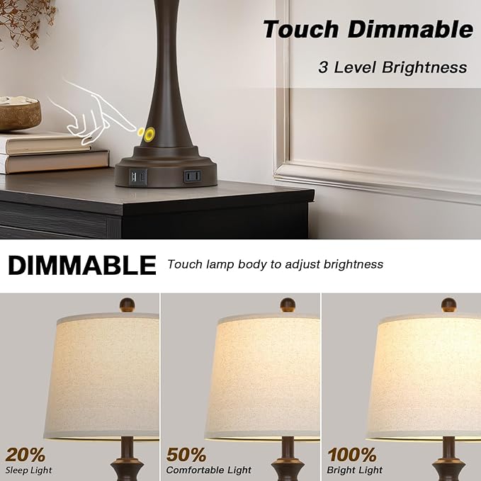 29" Brown Table Lamps Set of 2, Tall Bedside Lamps with USB C+A Ports, 3-Way Dimmable Touch Table Lamp, Nightstand Lamps for Bedroom,Modern Brown Lamps with Beige Lampshade, Bulbs Included