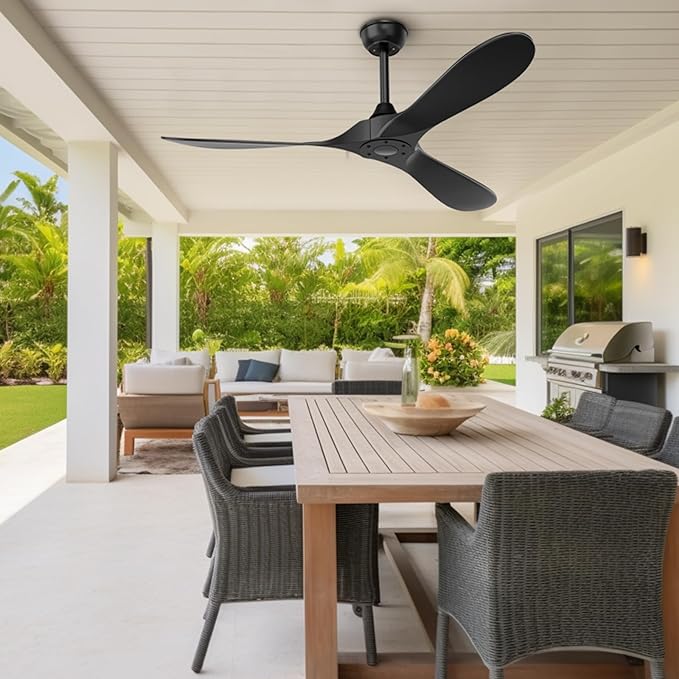 Black Ceiling Fan No Light, 52 in OutdoorCeiling Fans with Remote Control without Light, 3 Blades, 6 Speed Reversible DC Motor Modern for Patios, Kitchen, Bedroom, Porch (Black)