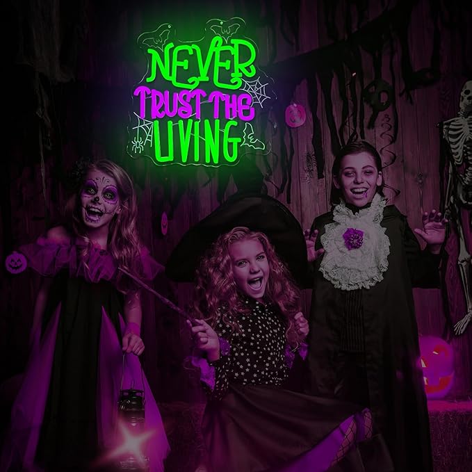 Ajoyferris Never Trust The Living Neon Sign Halloween Neon Signs for Wall Decor Dimmable Tombstone Led Sign Gothic Haunted House Neon Lights for Windows Halloween Party Decor