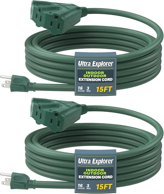15 Ft 2 Pack Extension Cord Indoor Outdoor with 3 Electrical Power Outlets - 16/3 SJTW Long-Lasting Green Cable with 3 Prong Grounded Plug