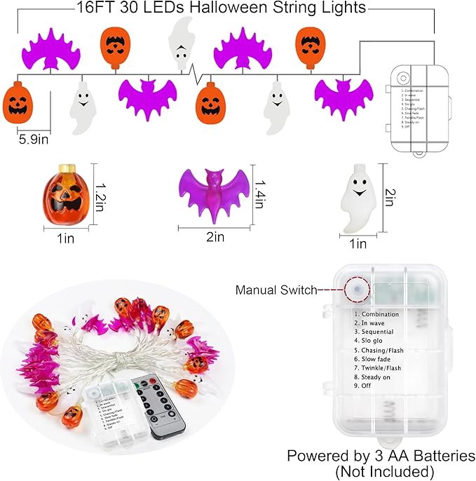Halloween Lights, 16 FT 30 LED Waterproof 3D Pumpkin Bat Spider Battery Operated String Lights with Timer, 8 Lighting Modes Fairy Lights for Window Indoor Outdoor Decor Halloween Party Decorations