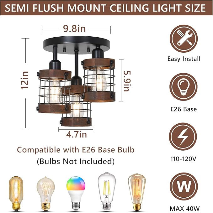 Semi Flush Mount Ceiling Light,3-Light Farmhouse Chandelier Light Fixtures Ceiling Mount, Black Hallway Light Fixtures with Wooden Cage Shade,Rustic Kitchen Light Fixture for Entryway Bedroom
