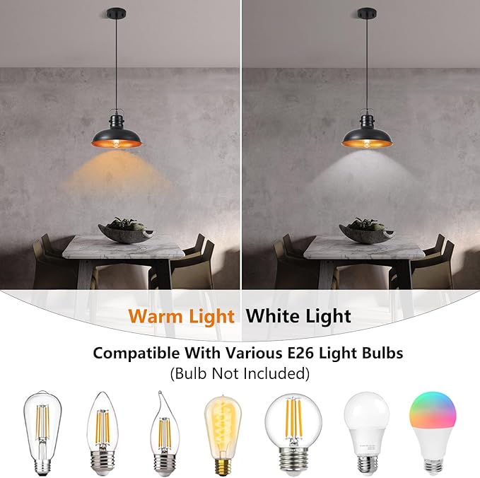 Industrial Pendant Light, 10.5 Inch Farmhouse Small Black and Gold Chandelier, Vintage Hanging Light Fixture with 71'' Height Adjustable Cord for Kitchen Island, Dining Room, Bedroom - 2 Pack