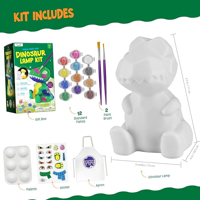 Paint Your Own Dinosaur Lamp Kit, Art Supplies Kids Paint Set, Arts and Crafts for Kids Ages 8-12, Dinosaur Toys Girls Boys Birthday Easter Gifts for Kids Ages 3 4 5 6 7 8 9 10 11 12+
