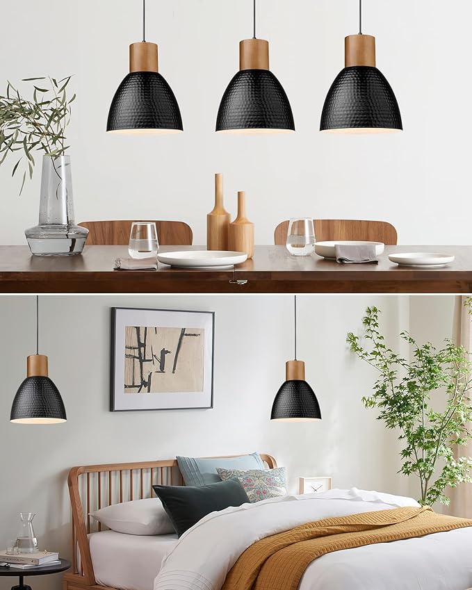 ELYONA 3 Pack Hammered Pendant Lights for Kitchen Island 7” Metal Solid Wood Hanging Light Fixtures Adjustable Height Farmhouse Pendant Lighting for Dining Room Bedroom Bar Office, Modern Black Small