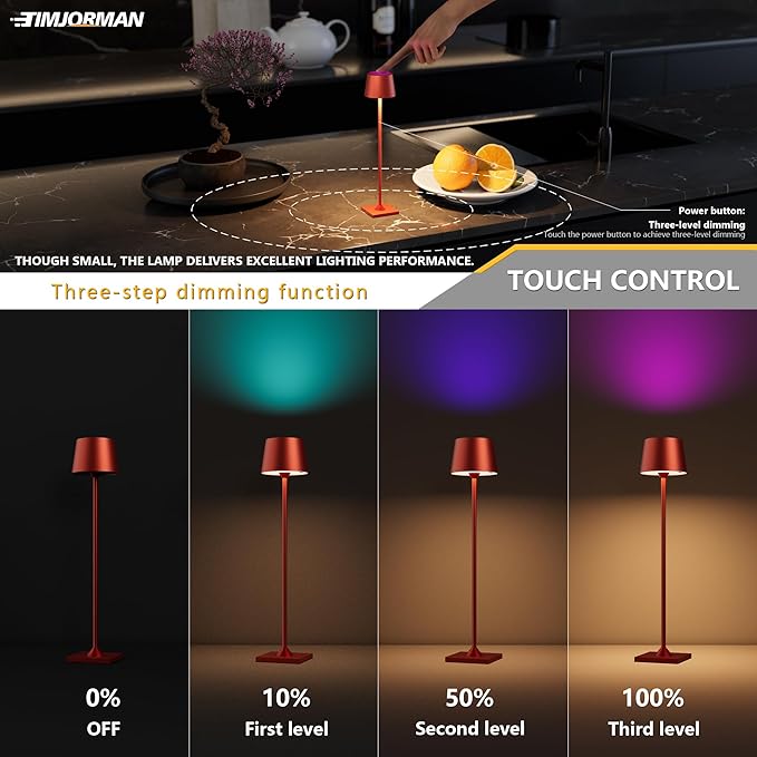 Compact Cordless Table Lamp, Rechargeable LED Night Light, Dual Light Source (RGB Top & Warm Bottom), Touch Control & Timer, Metal Lamp for Bedroom & Kids Room (Red 1-Pack)