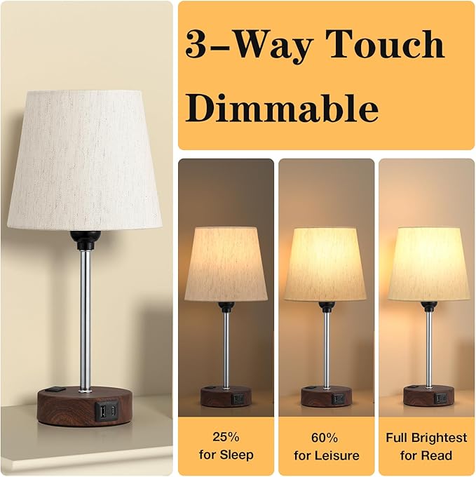 Acaxin Reddish Brown Bedside Lamps Set of 2 - Nightstand Bedroom Lamp with USB C Port and AC Outlet Charging, 3 Way Dimmable Touch Control Small Bed Side Table Lamp, Nightstand Light