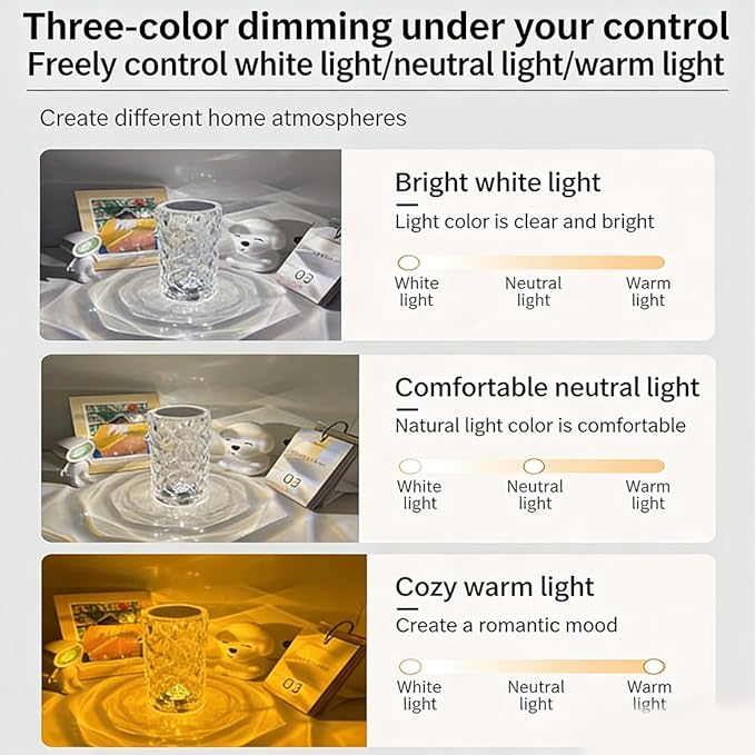 Can Switch 16 Colors Artificial Crystal Table Lamp, 2026 New 16 Color Rose Crystal Diamond LED Table Lamp, RGB Color Changing Rose Diamond Design, with Remote Control USB Charging Touch Sensor (Large)