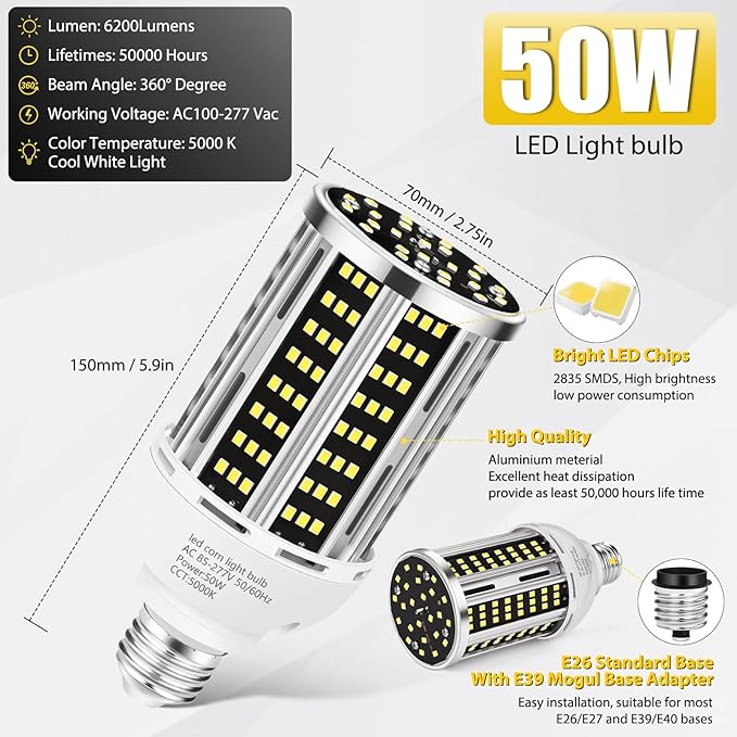 50W LED Corn Light Bulb(6 pack),5000K (500W Equivalent ) Commercial Grade Daylight E26/E39 6500LM Medium Mogul Base LED Lamp,Large Area Lights For Outdoor Indoor Garage Warehouse Factory Bay Light